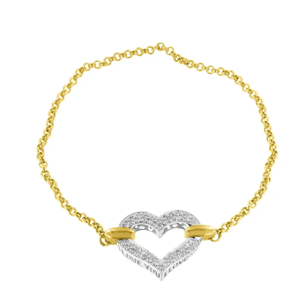 Elegantly Crafted 10k Two Tone Gold Diamond Encrusted Heart Charm Bracelet