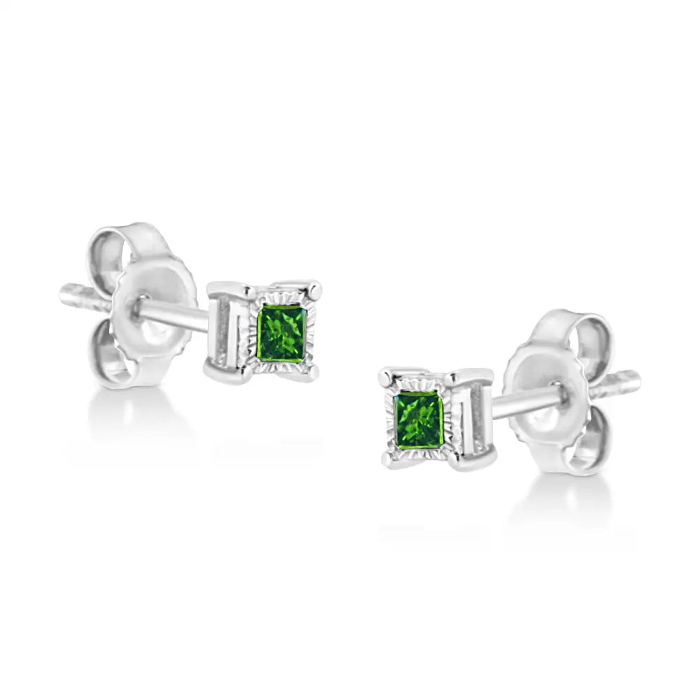 Enchanting Miracle Set Princess-cut Treated Green Diamond Stud Earrings