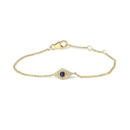 Exquisite 10k Gold Blue Sapphire Evil Eye Station Link Bracelet