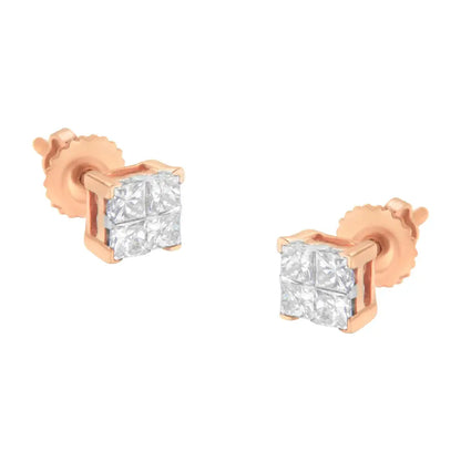 Exquisite 10k Gold Princess Diamond Composite Stud Earrings