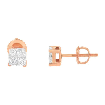 Exquisite 10k Gold Princess Diamond Composite Stud Earrings