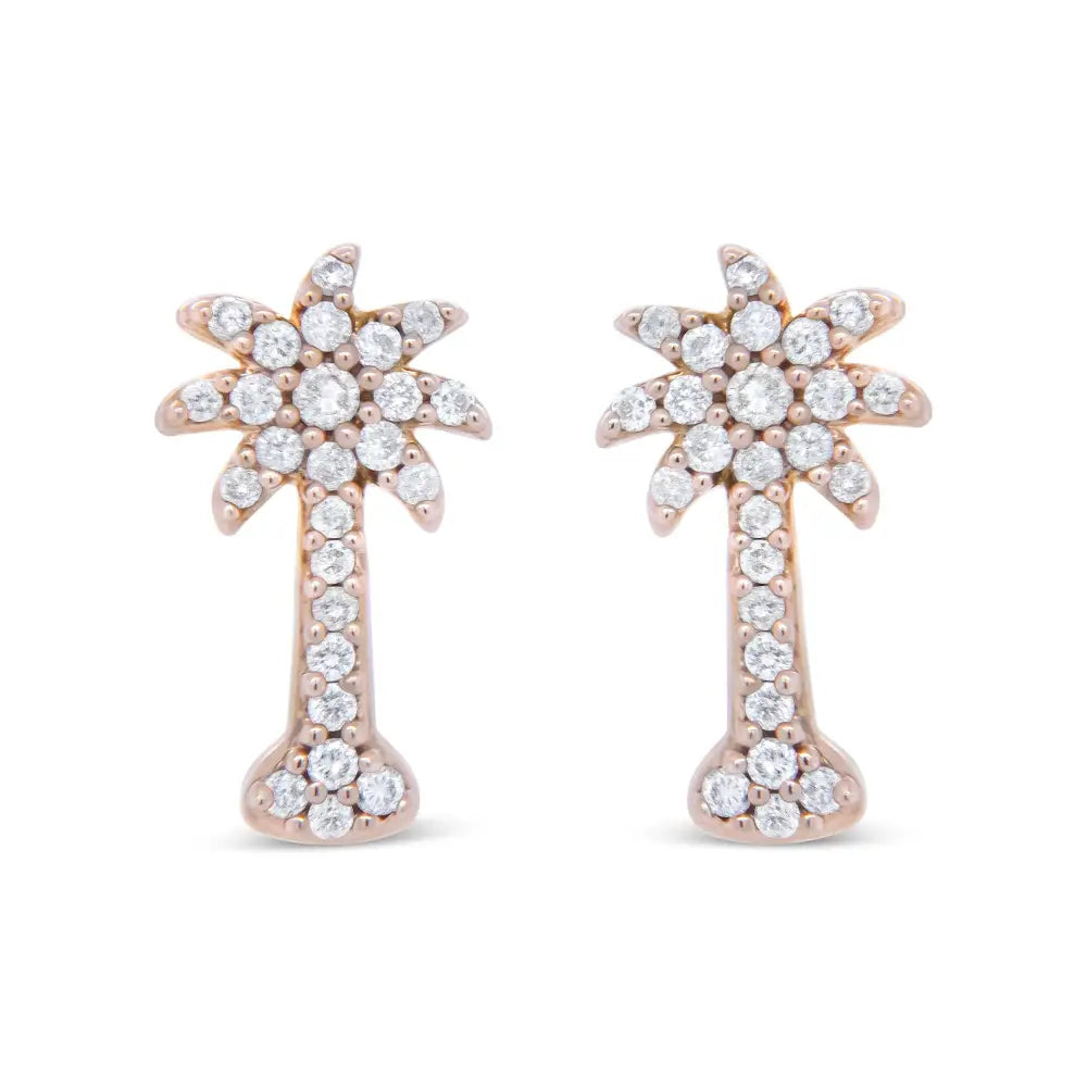 Exquisite 10k Rose Gold Palm Tree Push Back Stud Earrings with Diamonds