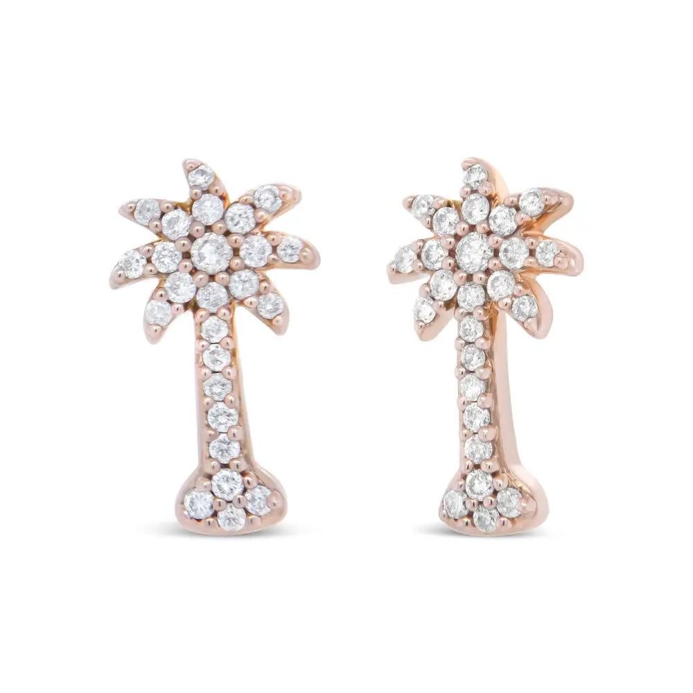 Exquisite 10k Rose Gold Palm Tree Push Back Stud Earrings with Diamonds