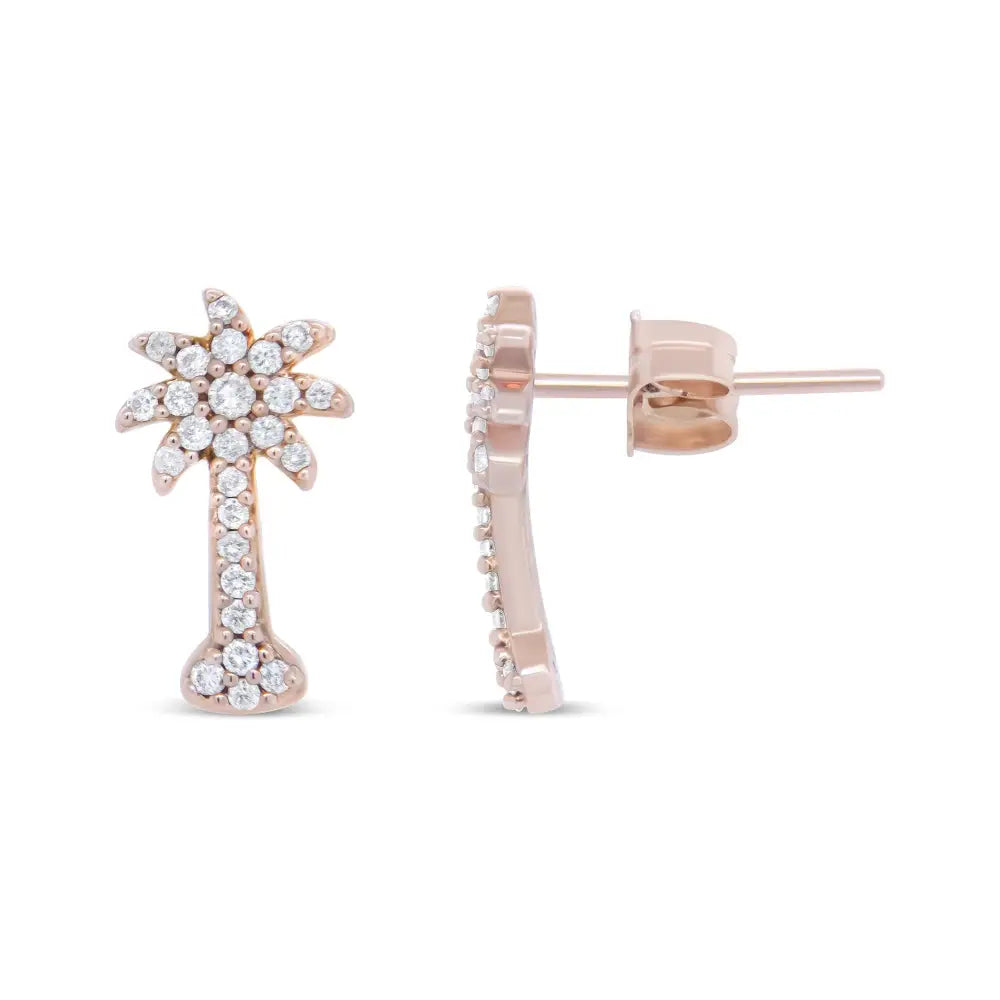 Exquisite 10k Rose Gold Palm Tree Push Back Stud Earrings with Diamonds