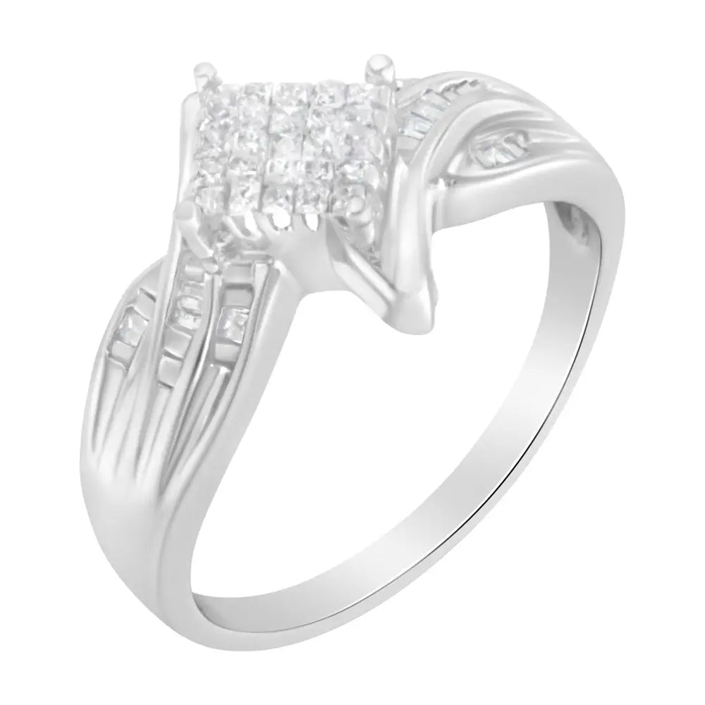 Exquisite 10k White Gold Baguette Cut Diamond Bypass Style Cocktail Ring