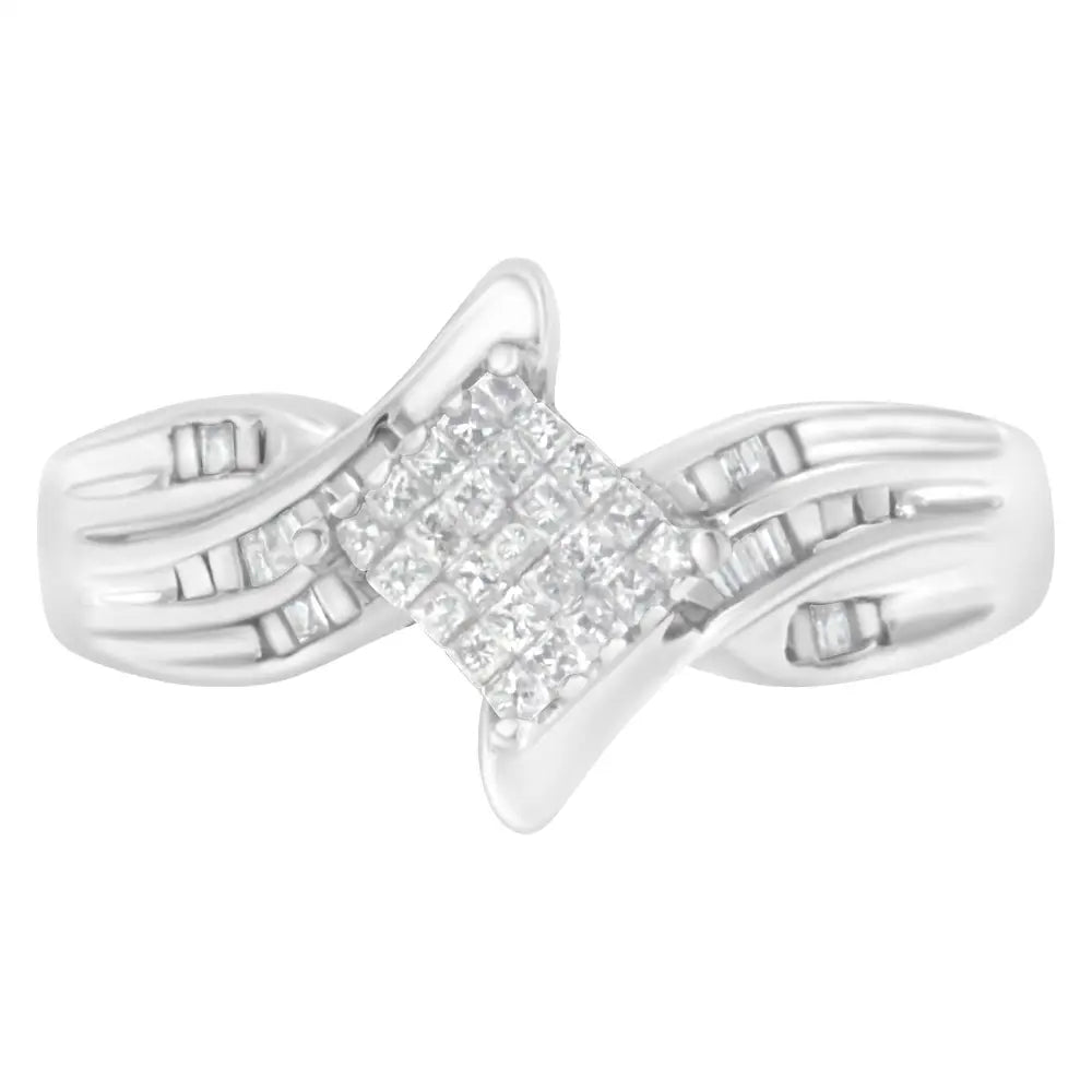 Exquisite 10k White Gold Baguette Cut Diamond Bypass Style Cocktail Ring