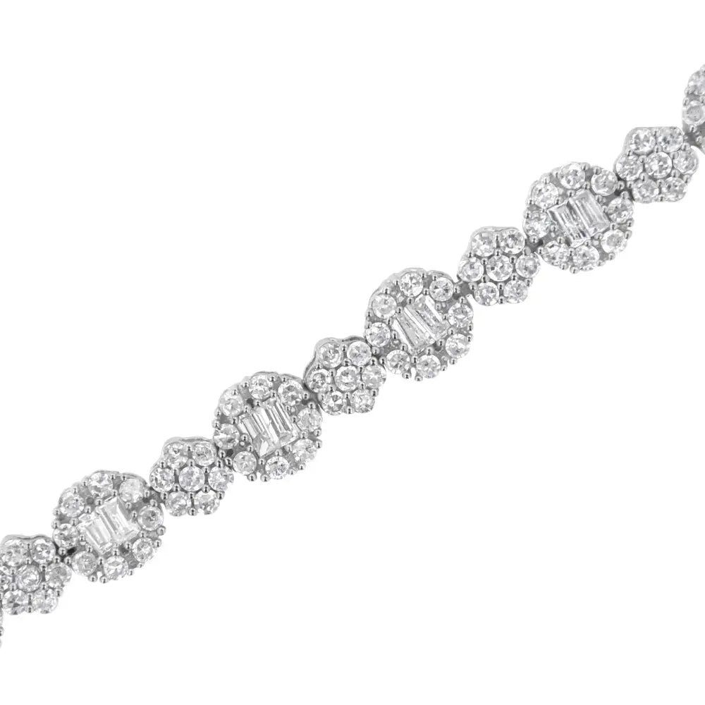 Exquisite 10k White Gold Baguette Diamond Floral Cluster Link Bracelet