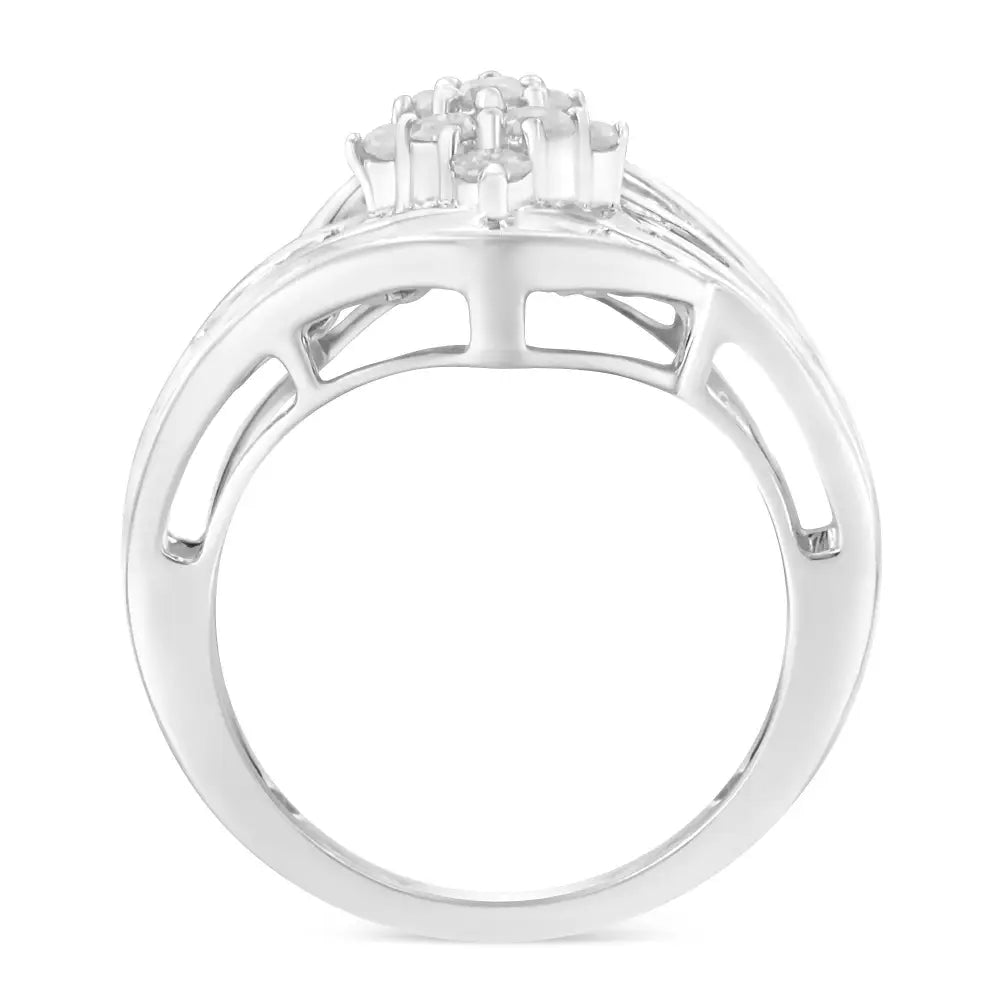 Exquisite 10k White Gold Diamond Bypass Cluster Ring with 1 Cttw Diamonds