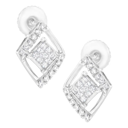 Exquisite 10k White Gold Diamond Double Triangle Composite Stud Earrings