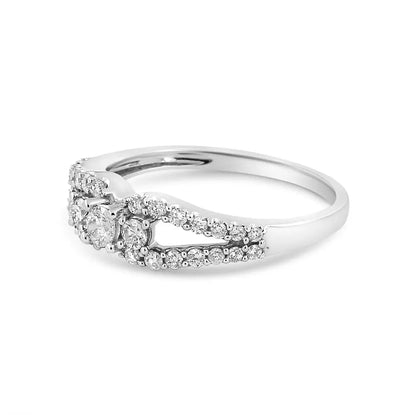 Exquisite 10k White Gold Diamond Three Stone Split Shank Band Ring