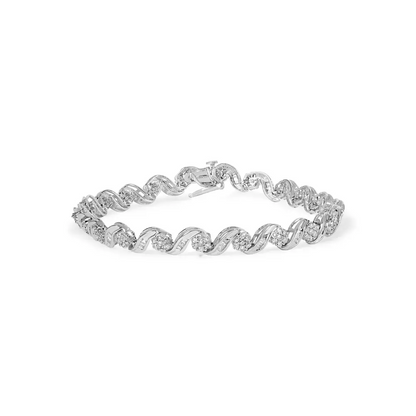 Exquisite 10k White Gold Floral Design Swirl Bracelet with Baguette-cut