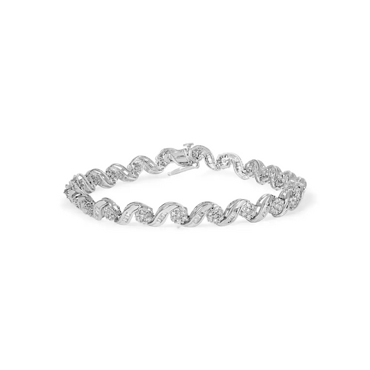 Exquisite 10k White Gold Floral Design Swirl Bracelet with Baguette-cut