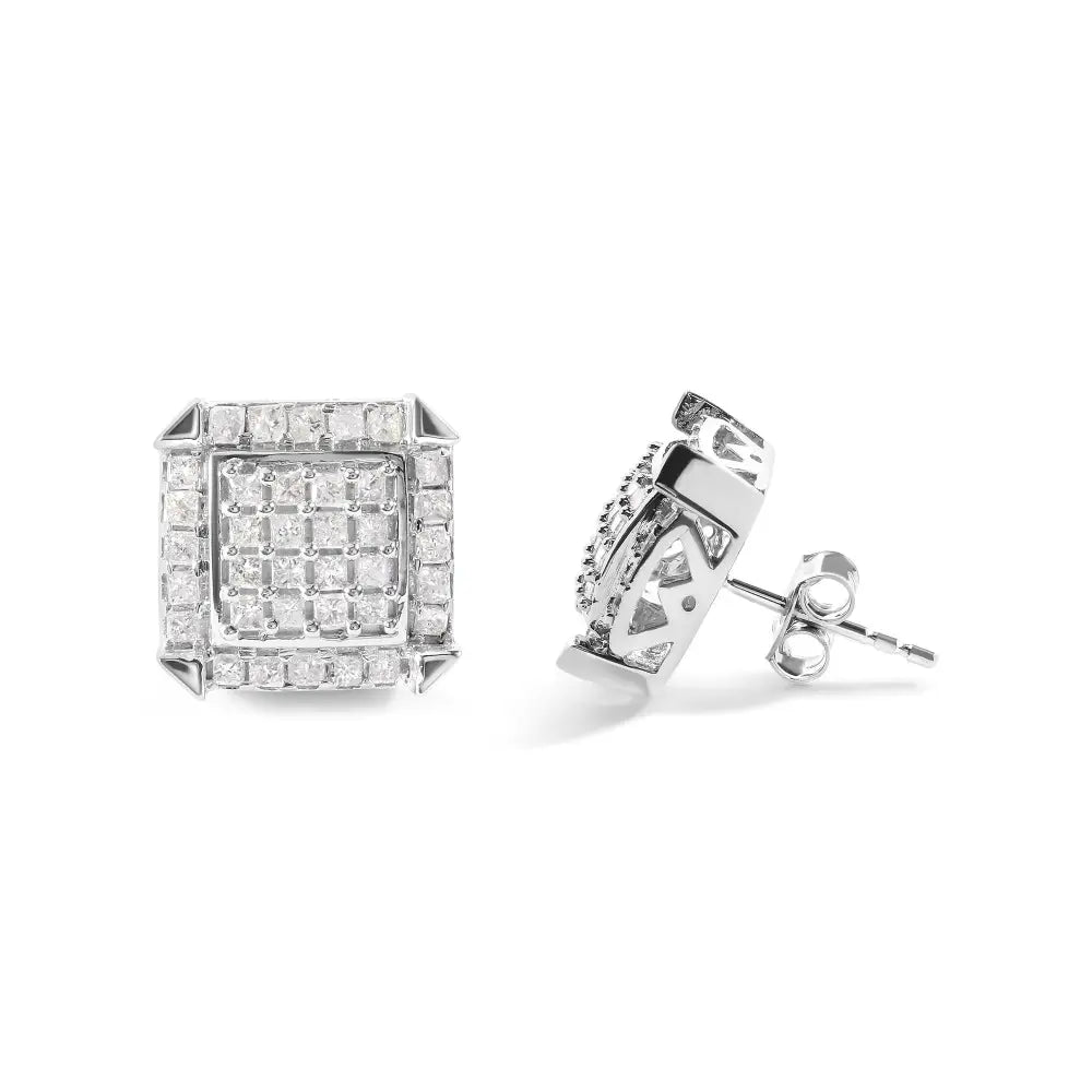 Exquisite 10k White Gold Halo Stud Earrings with Cttw Princess Diamonds