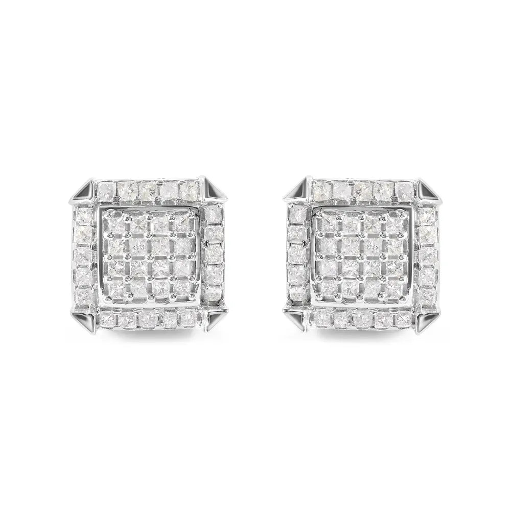 Exquisite 10k White Gold Halo Stud Earrings with Cttw Princess Diamonds