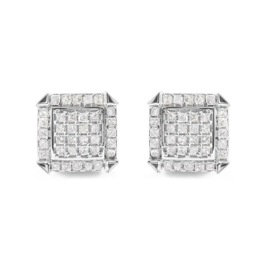 Exquisite 10k White Gold Halo Stud Earrings with Cttw Princess Diamonds