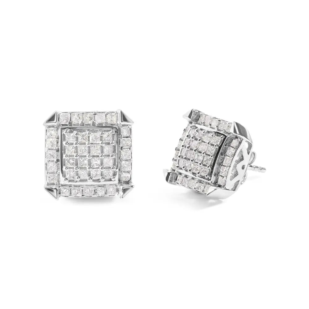 Exquisite 10k White Gold Halo Stud Earrings with Cttw Princess Diamonds