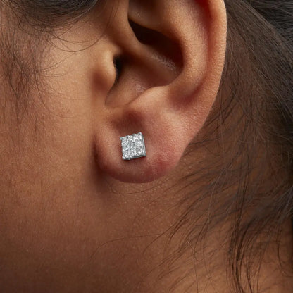 Exquisite 10k White Gold Invisible Princess-cut Diamond Stud Earrings