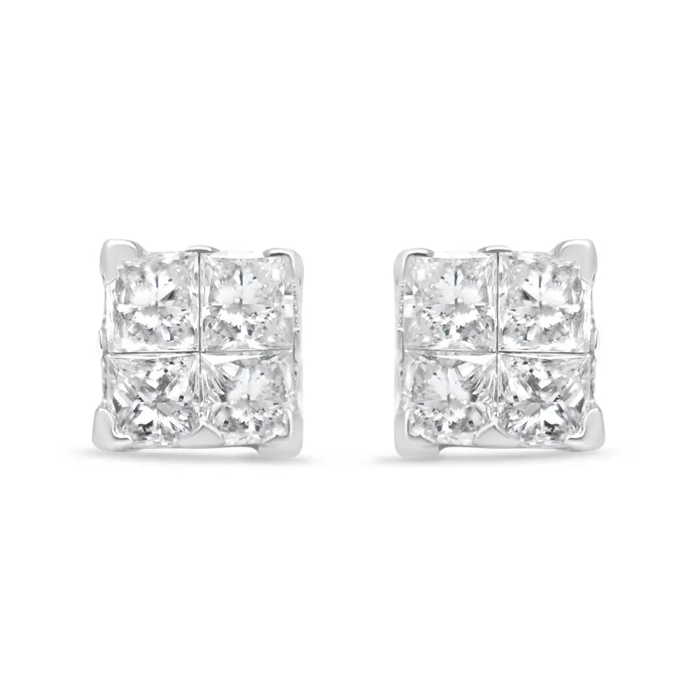 Exquisite 10k White Gold Princess-cut Diamond Stone Composite Quad Earrings