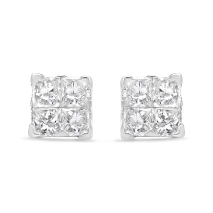 Exquisite 10k White Gold Princess-cut Diamond Stone Composite Quad Earrings