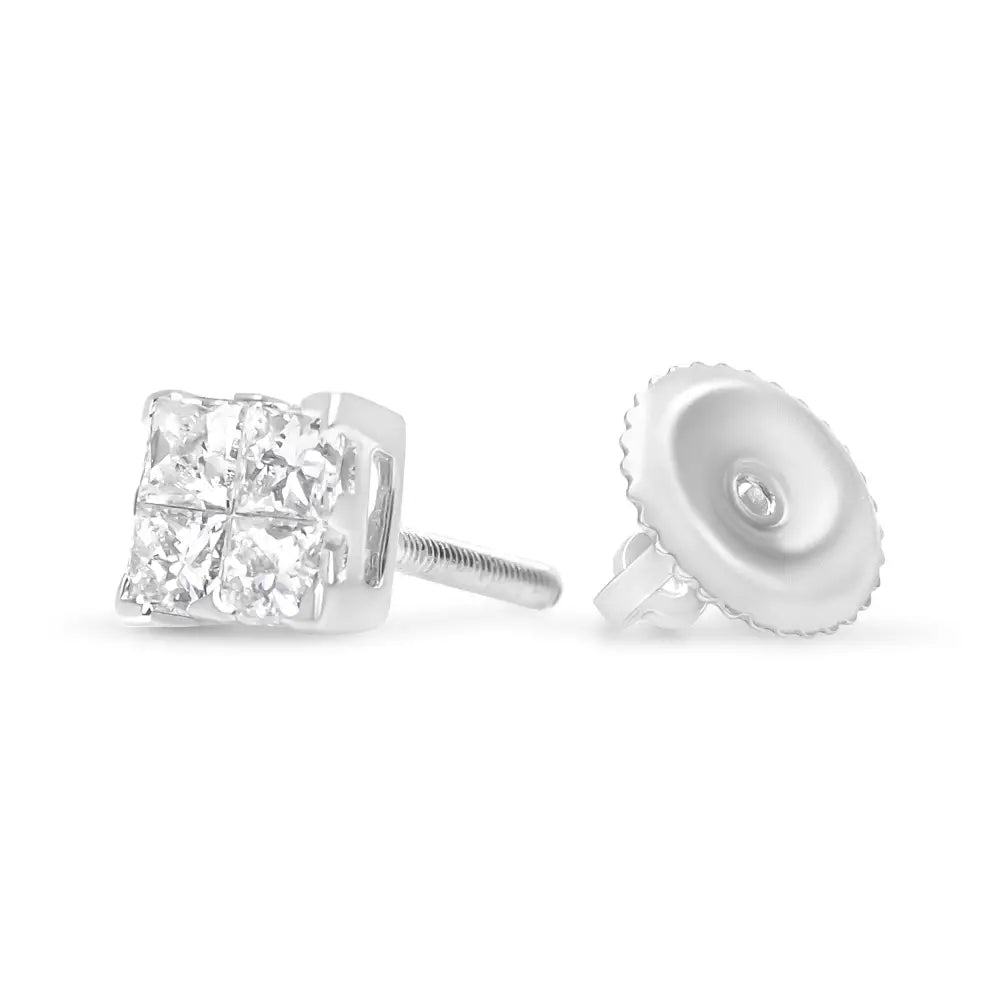 Exquisite 10k White Gold Princess-cut Diamond Stone Composite Quad Earrings