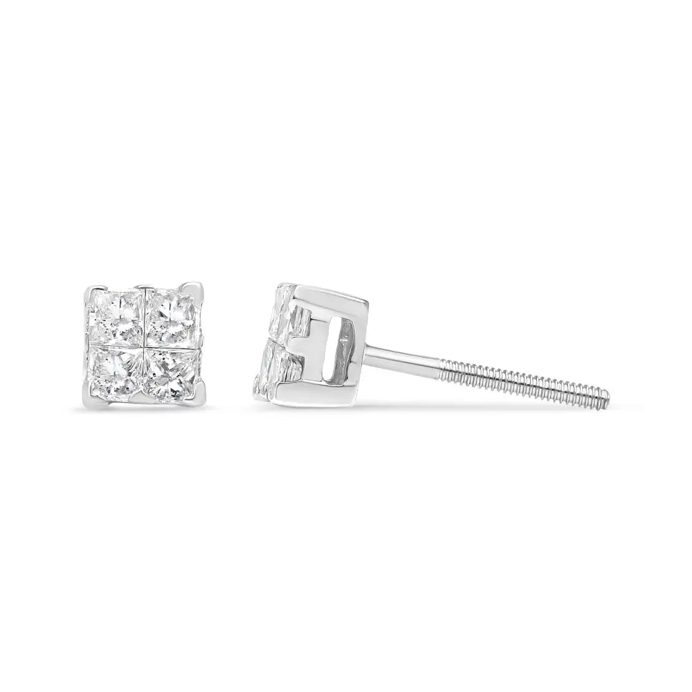 Exquisite 10k White Gold Princess-cut Diamond Stone Composite Quad Earrings