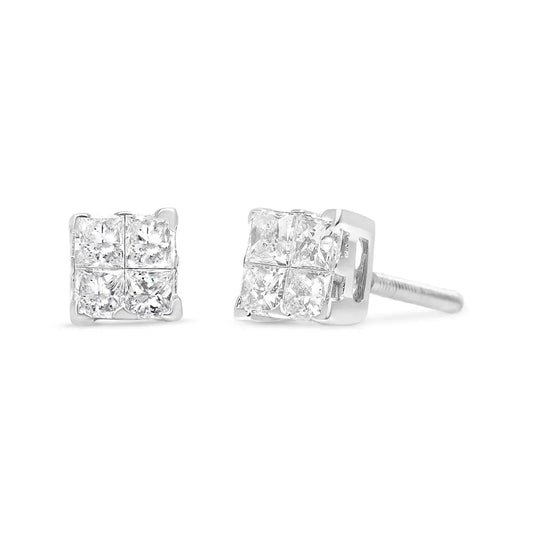 Exquisite 10k White Gold Princess-cut Diamond Stone Composite Quad Earrings