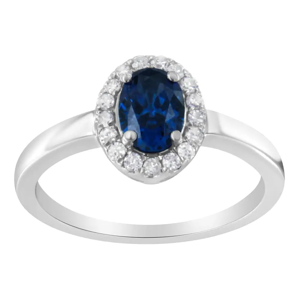 Exquisite 10k White Gold Prong Set 7mm Gemstone Halo Cocktail Ring - 7 / Blue