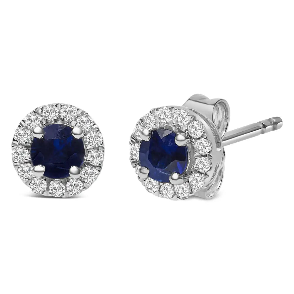 Exquisite 10k White Gold Round Blue Sapphire Diamond Halo Stud Earrings