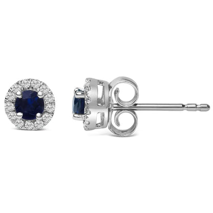 Exquisite 10k White Gold Round Blue Sapphire Diamond Halo Stud Earrings