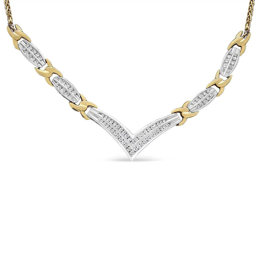 Exquisite 10k Yellow and White Gold Princess Cut Diamond v Shape Necklace