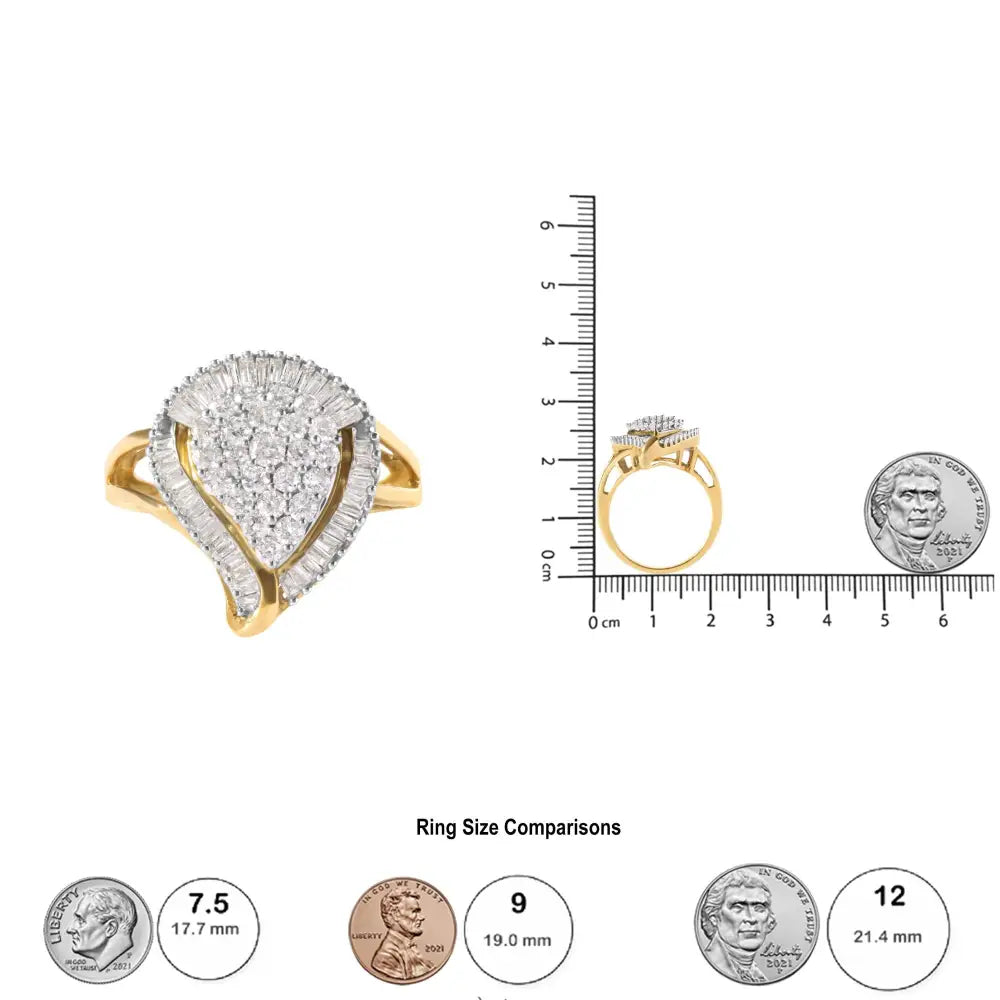 Exquisite 10k Yellow Gold Baguette Cut Diamond Ballerina Cluster Ring