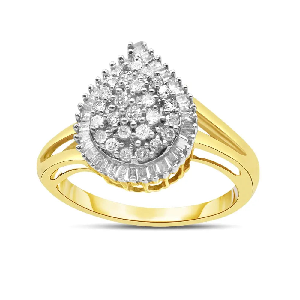 Exquisite 10k Yellow Gold Baguette-cut Diamond Pear Ring with I1-i2 Clarity