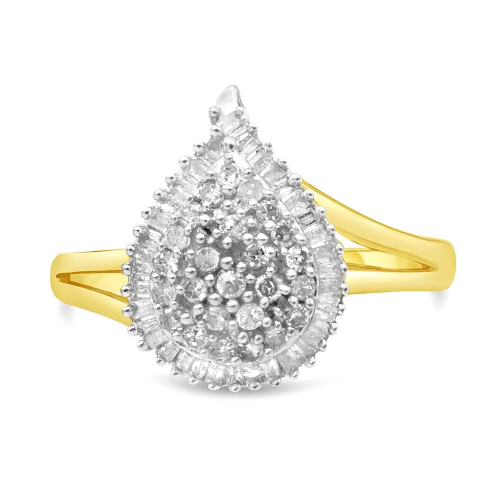 Exquisite 10k Yellow Gold Baguette-cut Diamond Pear Ring with I1-i2 Clarity