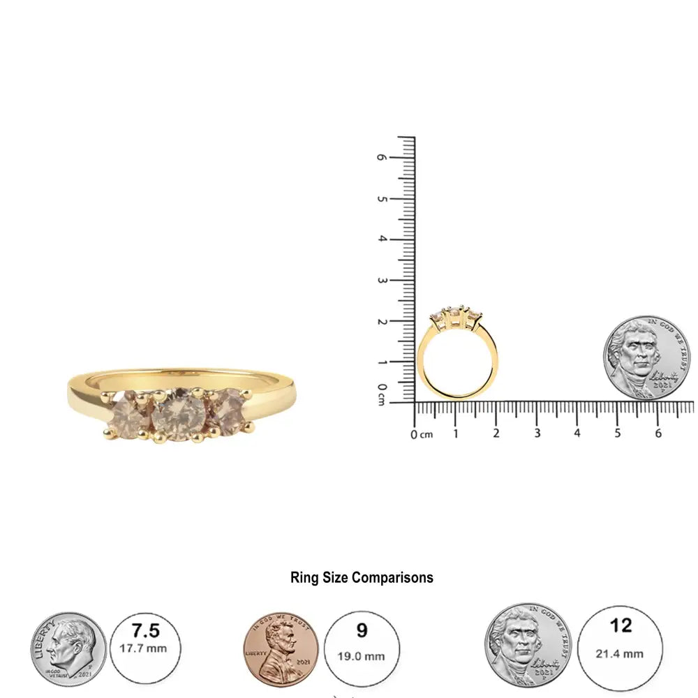 Exquisite 10k Yellow Gold Champagne Diamond 3-stone Band Ring - Rings/fashion/3