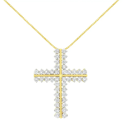 10k Yellow Gold 4.0 Cttw Diamond Two Row Cross Pendant Necklace