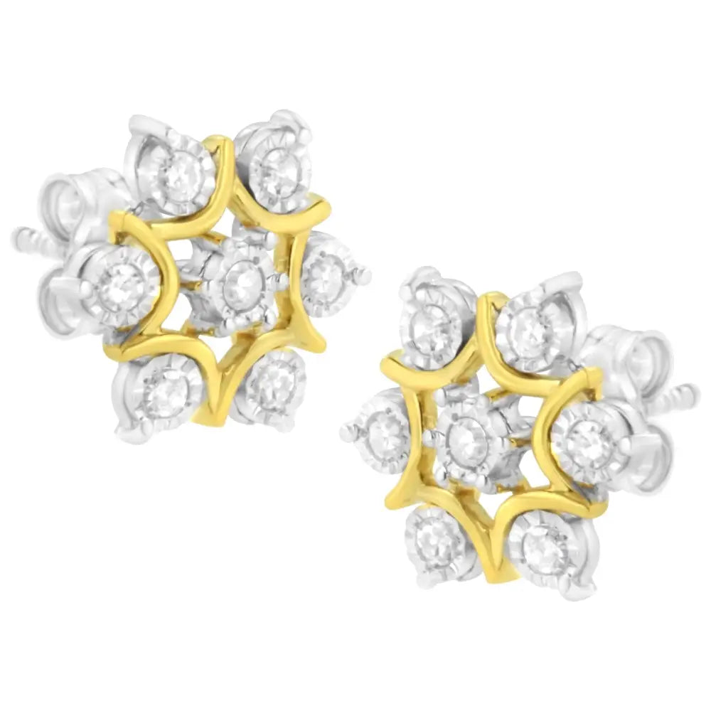 Exquisite 10k Yellow Gold Diamond Floral Earrings with Cttw Miracle Set