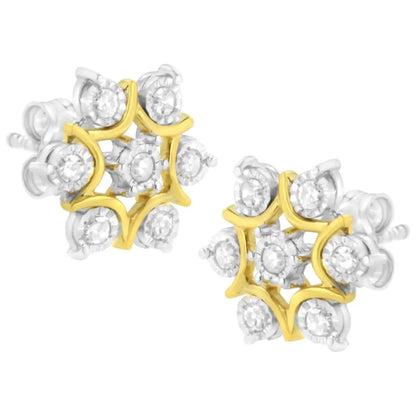 Exquisite 10k Yellow Gold Diamond Floral Earrings with Cttw Miracle Set