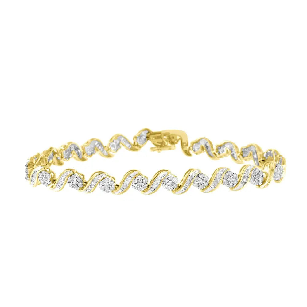 Exquisite 10k Yellow Gold Diamond Floral Link Bracelet with Baguette-cut