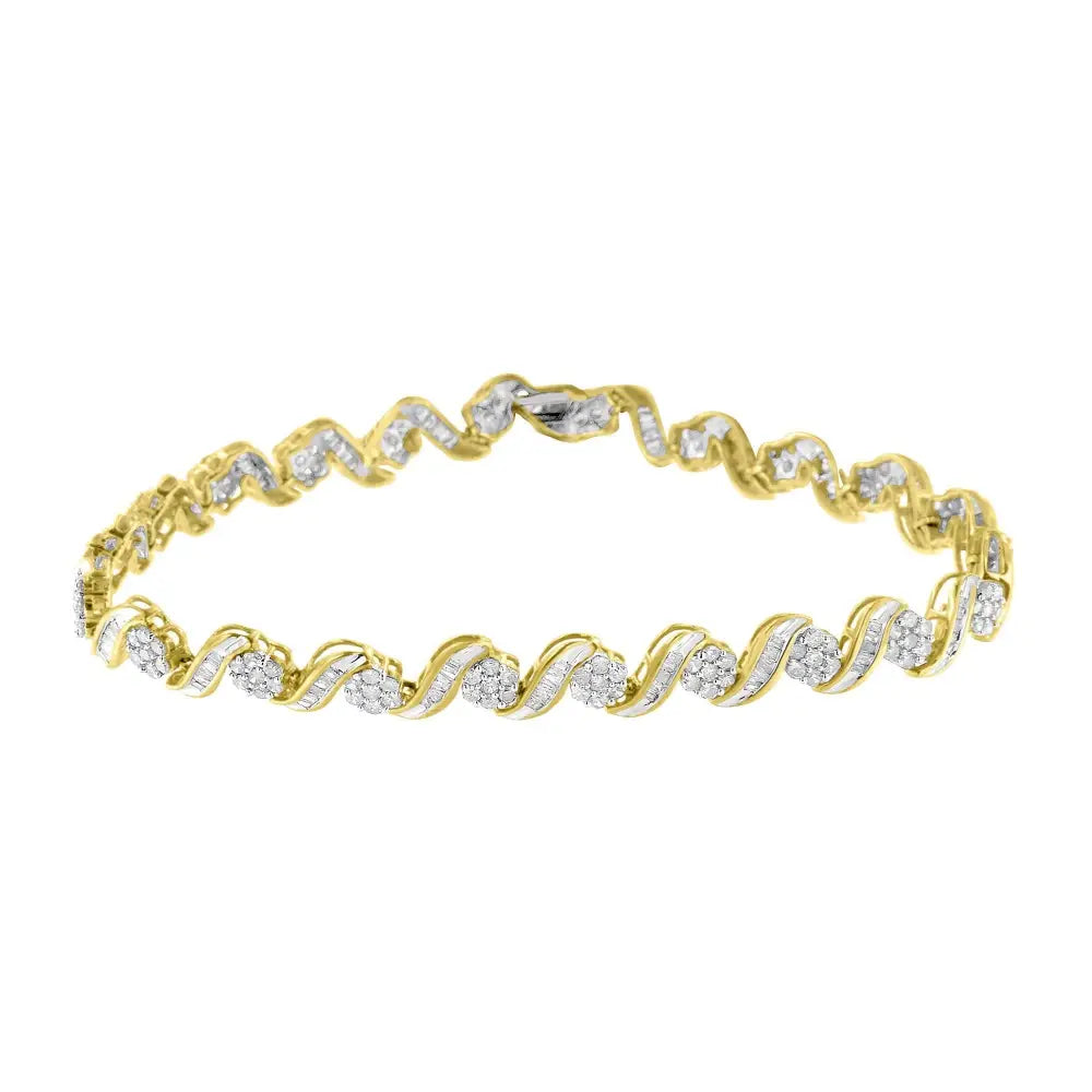 Exquisite 10k Yellow Gold Diamond Floral Link Bracelet with Baguette-cut