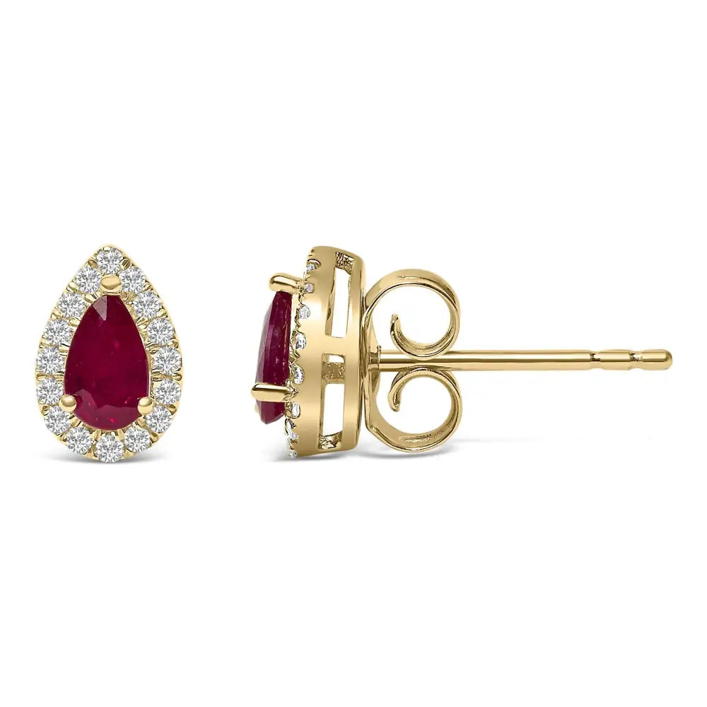 Exquisite 10k Yellow Gold Diamond Halo Studs with 5x3 Mm Pear-cut Ruby - Yellow