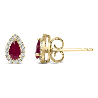 Exquisite 10k Yellow Gold Diamond Halo Studs with 5x3 Mm Pear-cut Ruby - Yellow