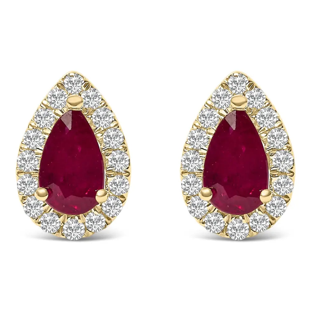 Exquisite 10k Yellow Gold Diamond Halo Studs with 5x3 Mm Pear-cut Ruby - Yellow