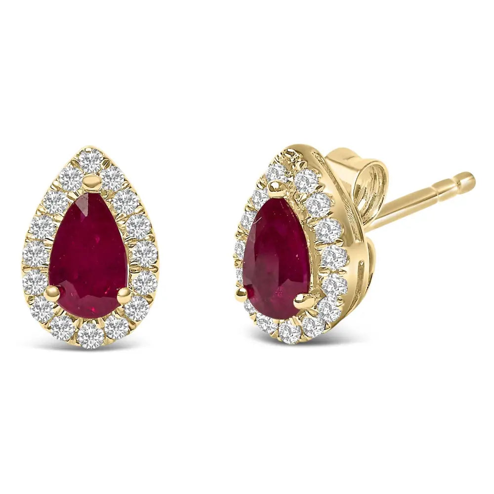 Exquisite 10k Yellow Gold Diamond Halo Studs with 5x3 Mm Pear-cut Ruby - Yellow