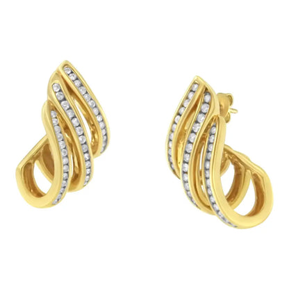 Exquisite 10k Yellow Gold Diamond Spiral Multi Row Hoop Earrings