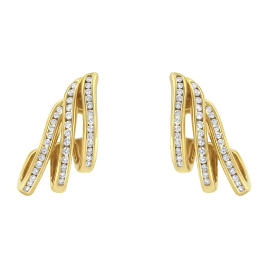 Exquisite 10k Yellow Gold Diamond Spiral Multi Row Hoop Earrings