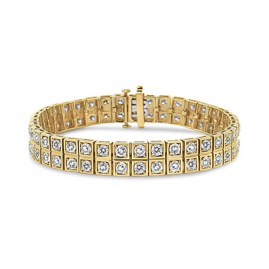 Exquisite 10k Yellow Gold Diamond Two Row Square Link Tennis Bracelet