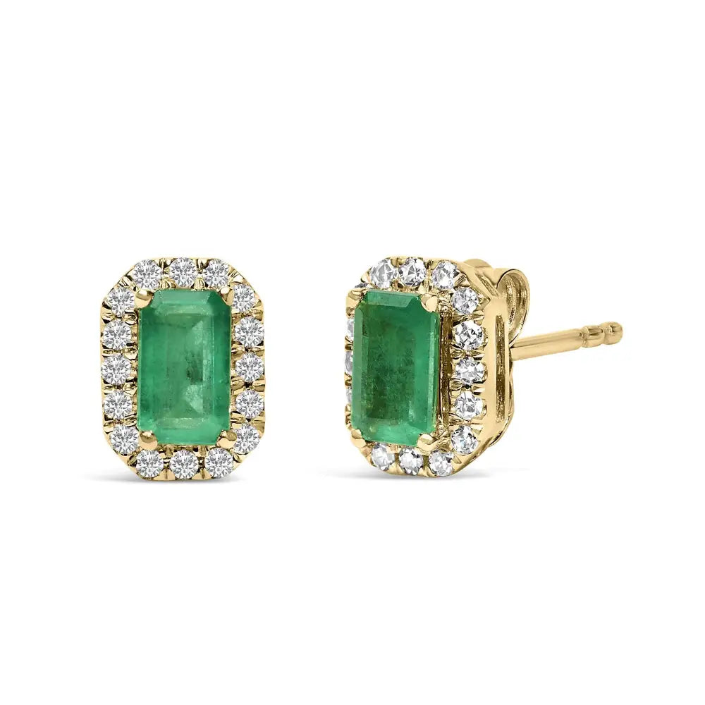 Exquisite 10k Yellow Gold Green Emerald Stud Earrings with Diamond Halo