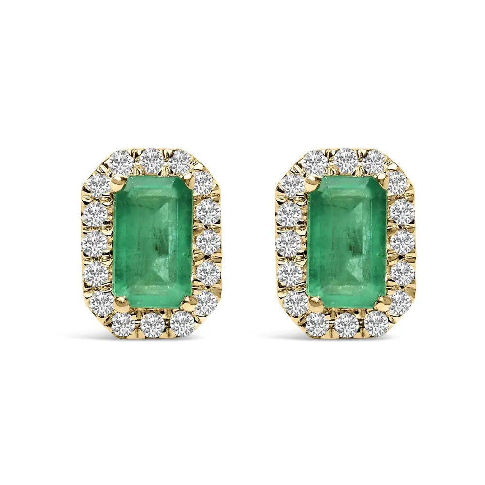 Exquisite 10k Yellow Gold Green Emerald Stud Earrings with Diamond Halo