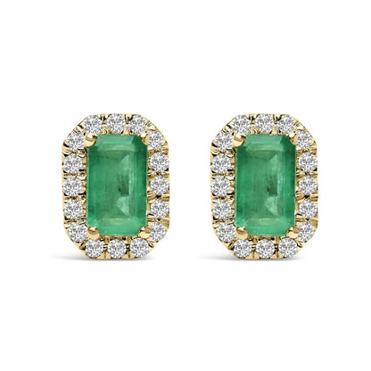 Exquisite 10k Yellow Gold Green Emerald Stud Earrings with Diamond Halo