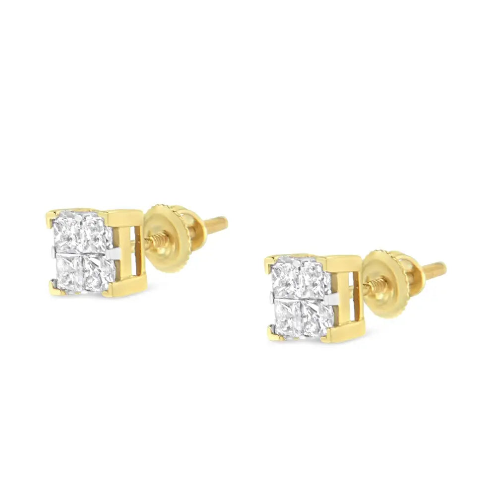 Exquisite 10k Yellow Gold Invisible Set Princess-cut Diamond Earrings - Yellow